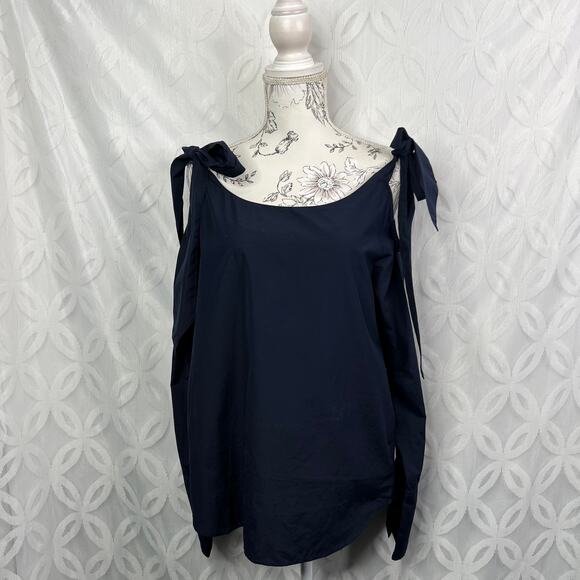 FRAME Bow Cold Shoulder Cotton Blouse In Navy Size M NWOT - Picture 4 of 9